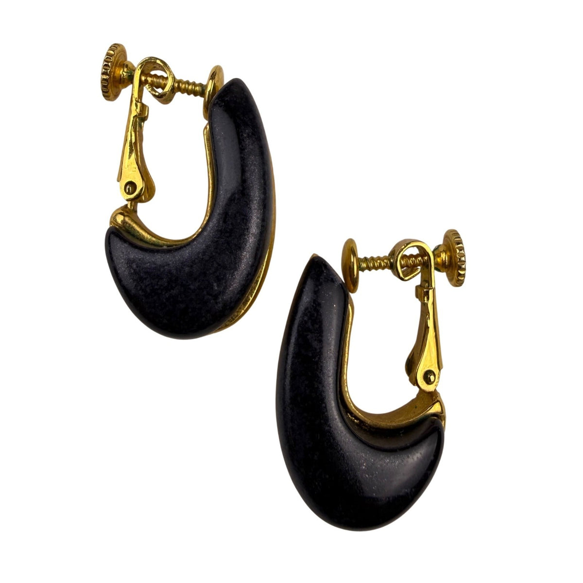 Gold Tone & Black Clip-On Earrings Curved Crescent Shape Vintage Metal & Acrylic