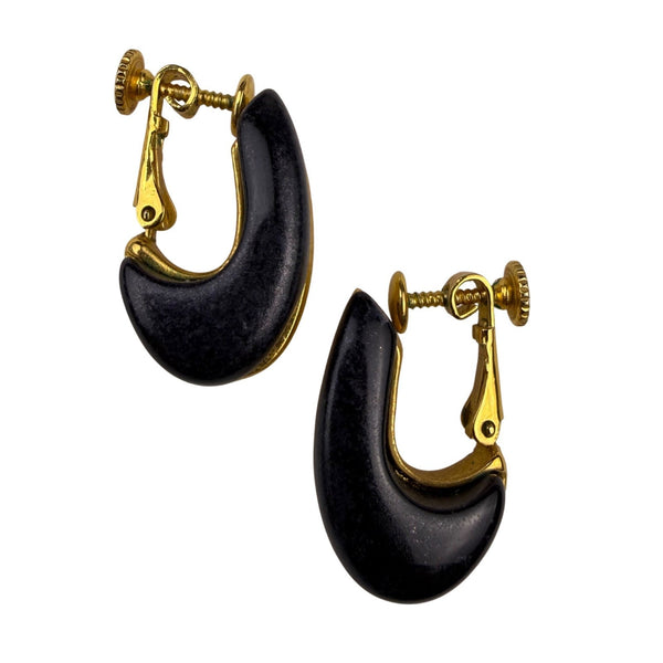 Gold Tone & Black Clip-On Earrings Curved Crescent Shape Vintage Metal & Acrylic