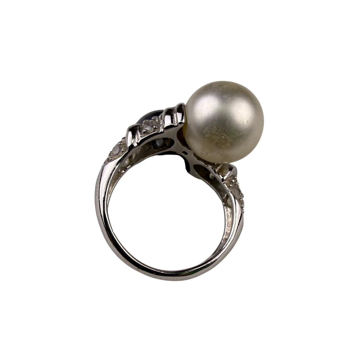 Sterling Silver 925 Two-Tone Freshwater Pearl & Diamond Accented Ring Sz 6