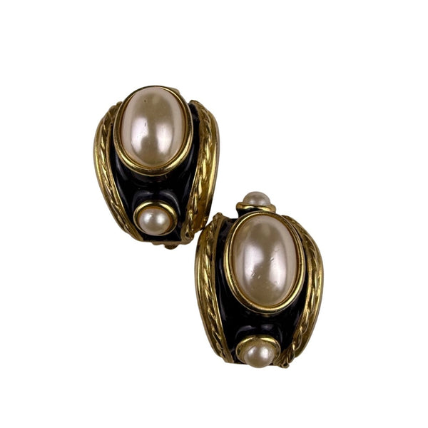 Erwin Pearl Gold Tone Clip-On Earrings Faux Pearl Black Enamel Vintage Design