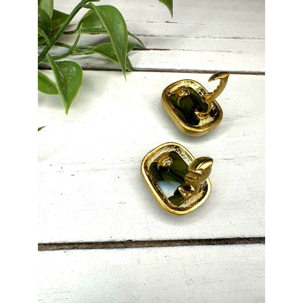 Vintage Gold Tone with Green Rock Clip On Earrings