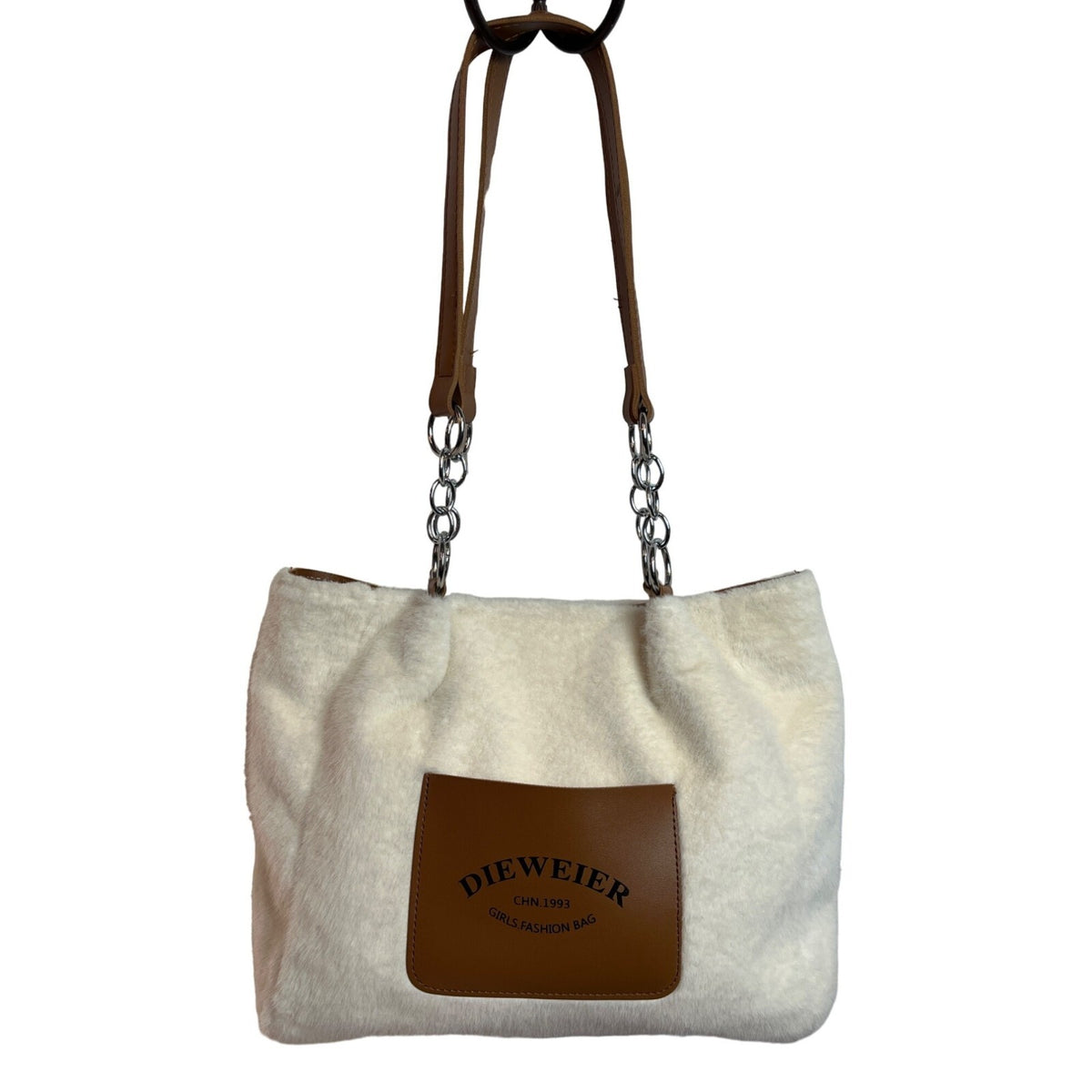 Dieweier Girls Fashion Bag Faux Fur Chain Top Handle White Large Capacity