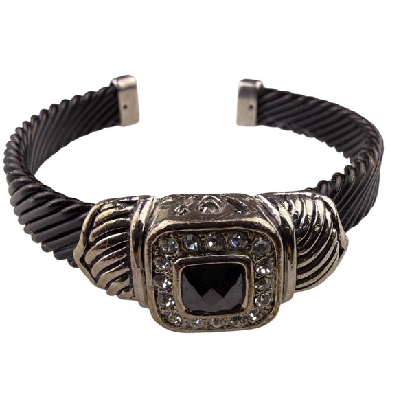 Asymmetrical Silver Tone/Black Metal Crystal-Embellished Open Cuff Bracelet