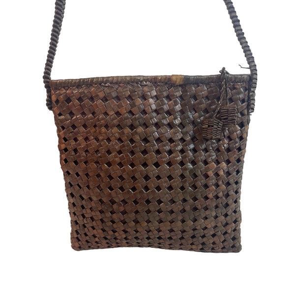 Handcrafted Women's Brown Woven Rattan Square Shoulder Bag Sz M