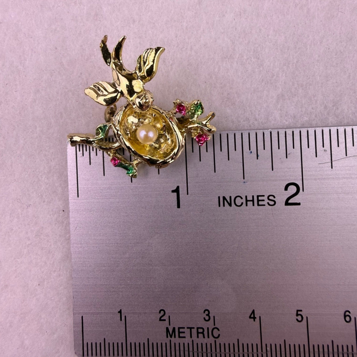 Vintage Womens Gold Tone Bird & Birdhouse Brooch Pins With Rhinestones