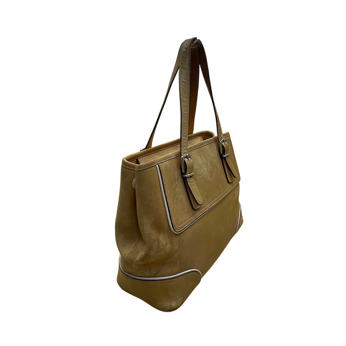 Coach Women’s Tan & White Leather Double Strap Silver Buckle Accents Hand Bag