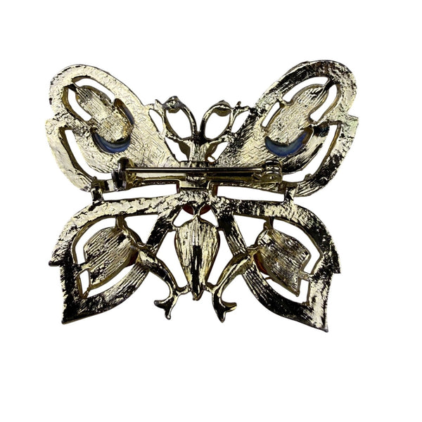 Vintage Gold Tone Rhinestone Butterfly Pin Brooch Multicolor Cabochon Gemstones