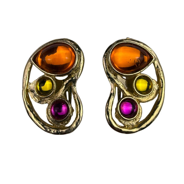 Vintage Gold Tone Multicolor Clip-On Earrings With Orange Yellow Pink Cabochons