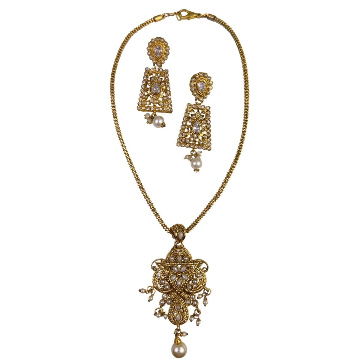 Kundan Polki Womens Gold Tone & Pearl Necklace Set Earrings Ethnic Jewelry