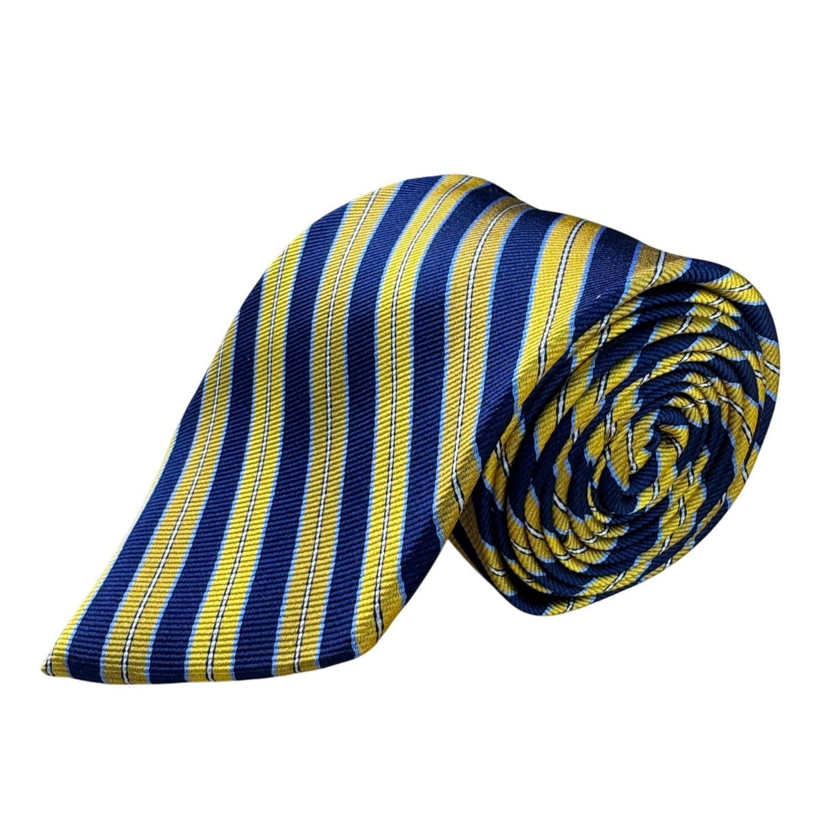 Beau Ties Ltd. Mens Navy & Yellow Striped 100% Silk Necktie Custom Made Elegant