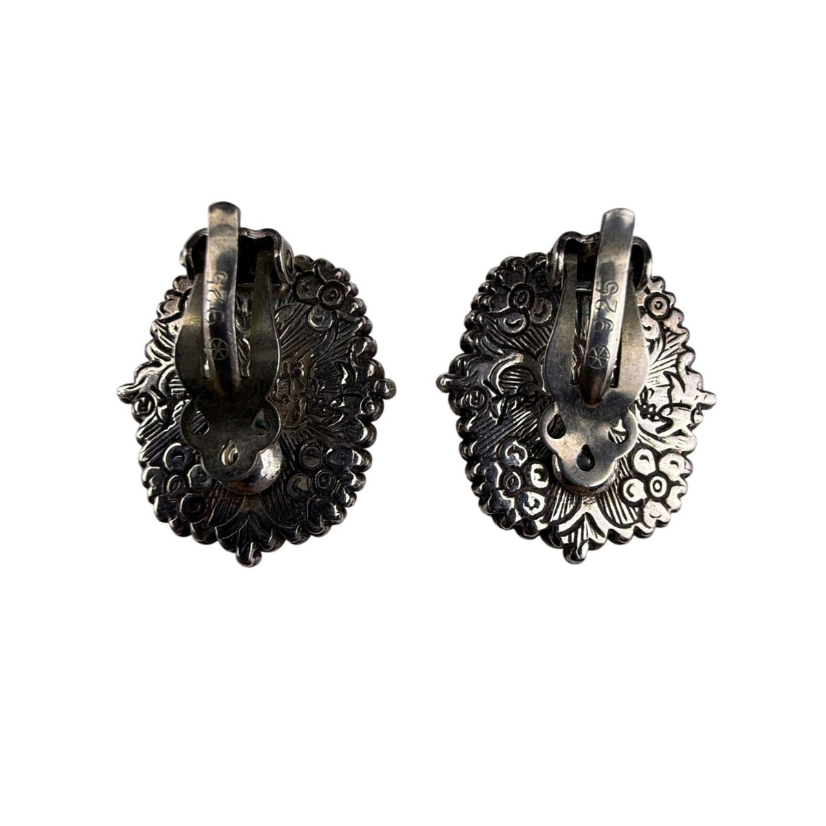 Vintage Sterling Silver 925 Clip-On Earrings Floral Etched MOP Cabochons Unique