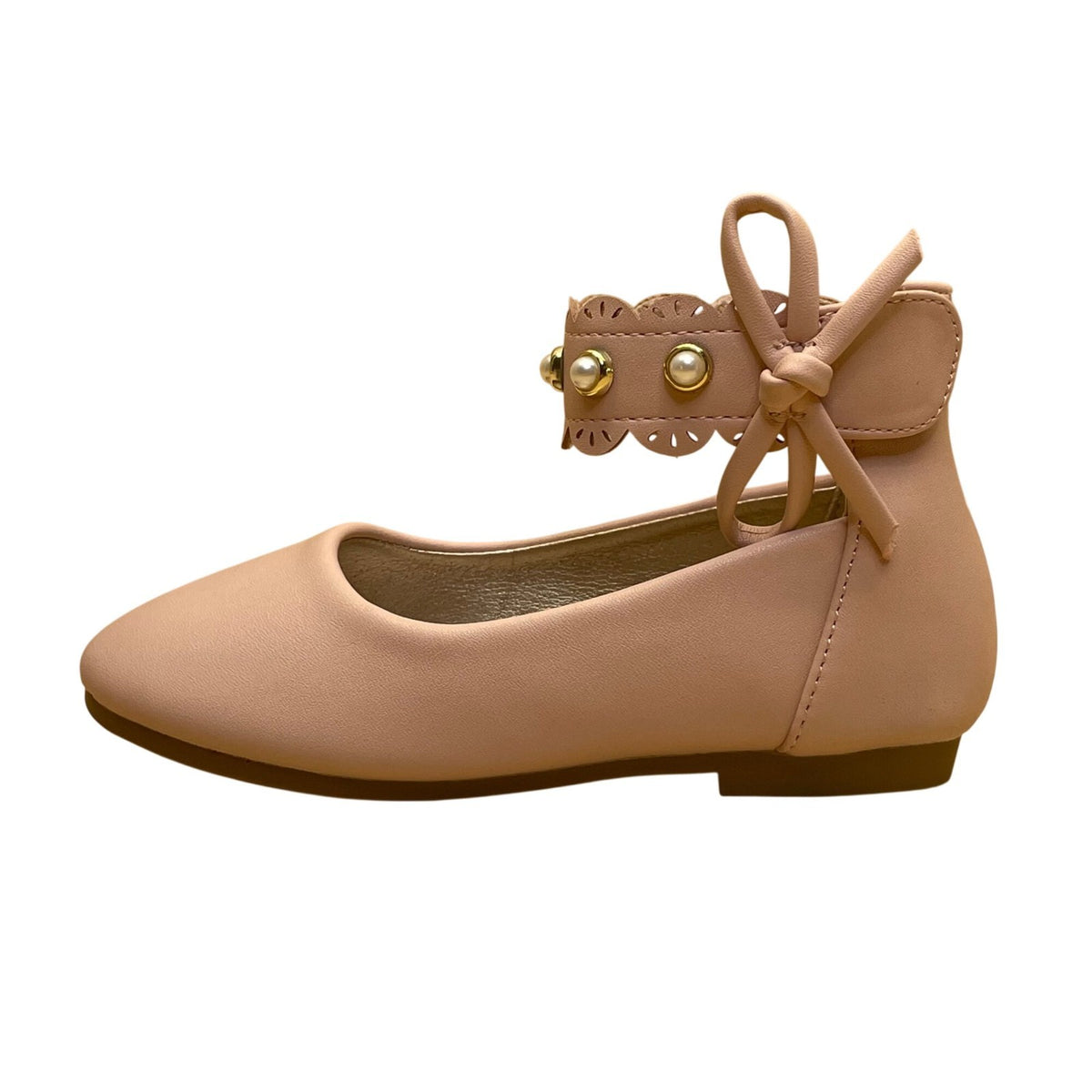 Pandaninjia Girls Blush Pink Faux Leather Pearl Ankle Strap Bow Flats Size 7