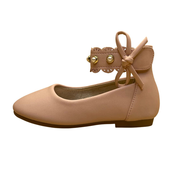 Pandaninjia Girls Blush Pink Faux Leather Pearl Ankle Strap Bow Flats Size 7