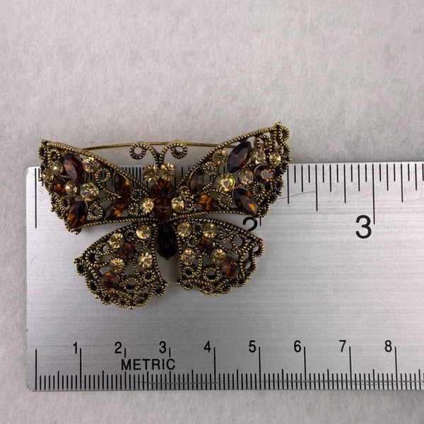 Vintage Ornate Butterfly Rhinestone Brooch Amber & Champagne Crystal Gold Tone