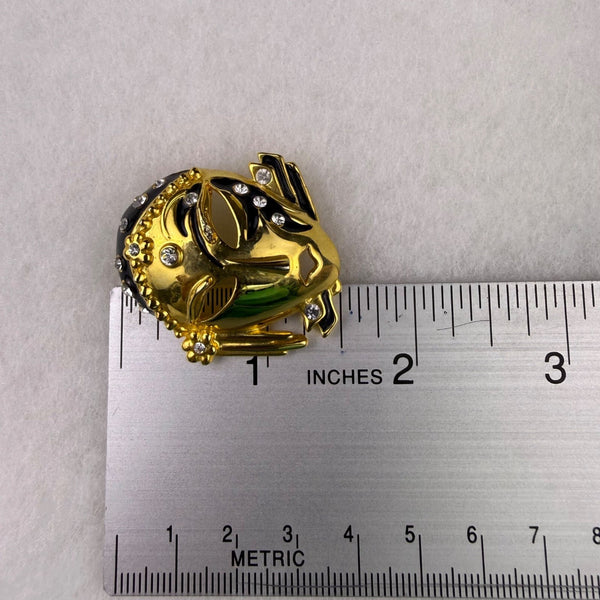 Vintage Gold Tone Rhinestone Mask Brooch Pin Black Enamel Accents Unique Detail