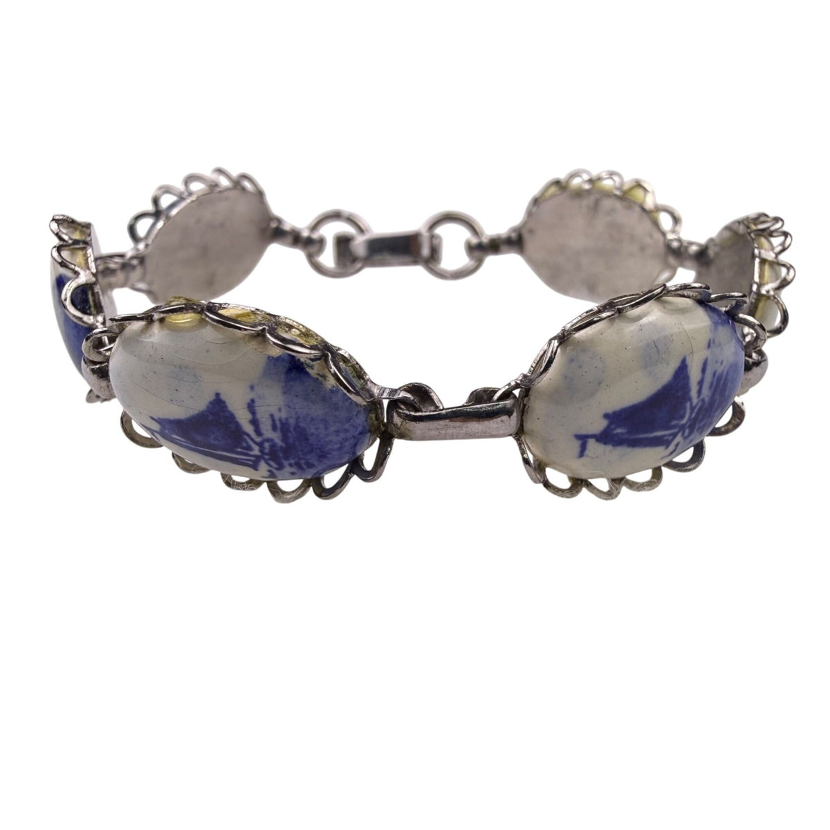 Delft Blue Womens Silver Tone Ceramic Bracelet Hand-Painted Oval Design