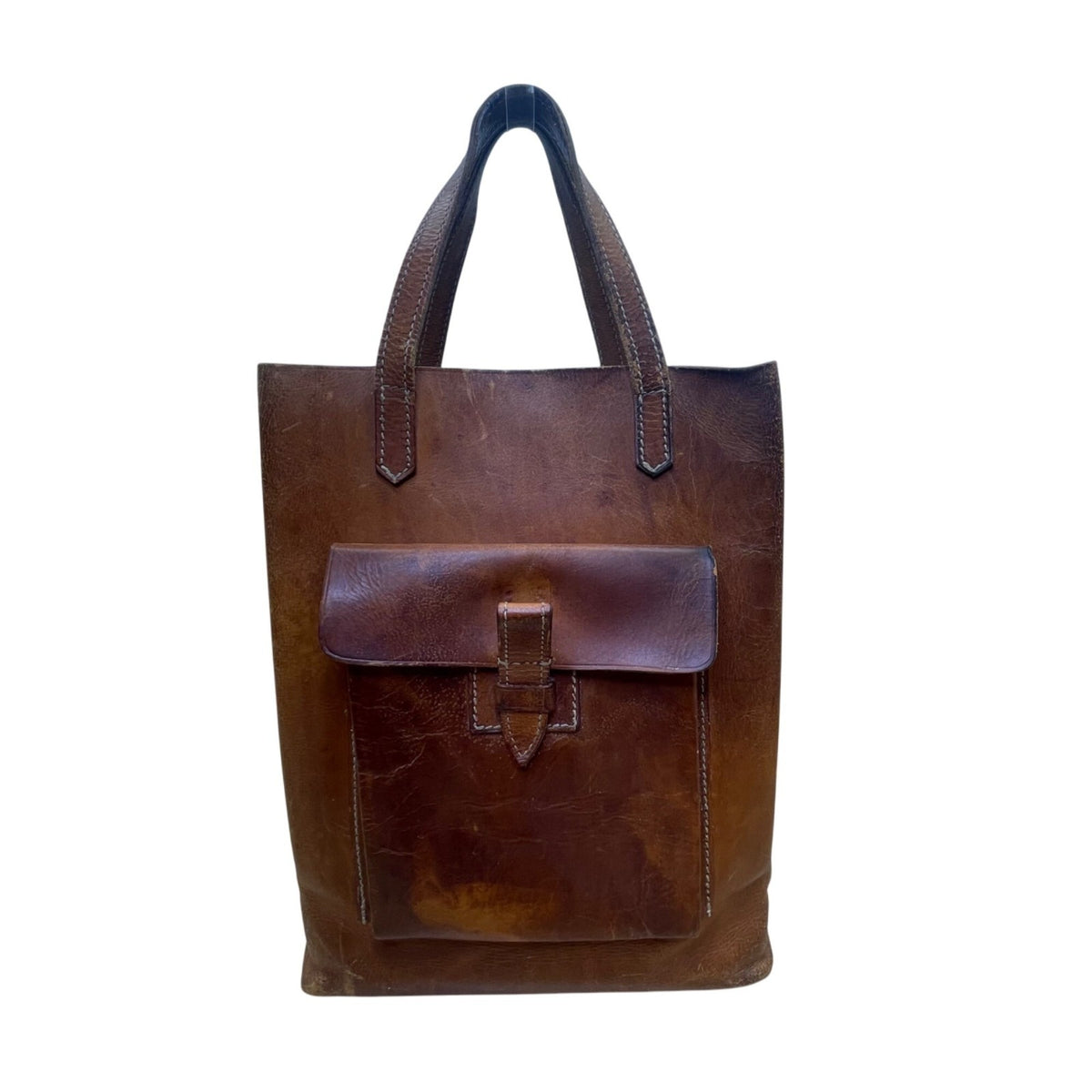 Vintage Handmade Brown Leather With Front Buckle Pocket Double Handle Tote Bag