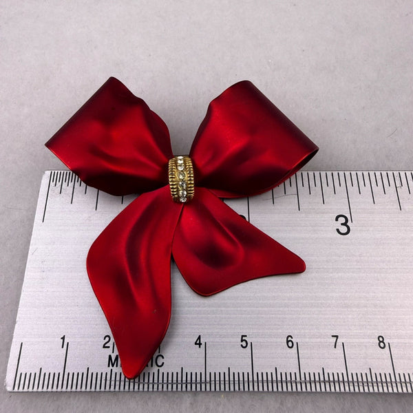Womens Red Metal Rhinestone Bow Brooch Pin Jewelry