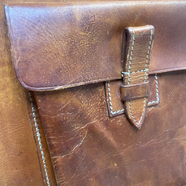 Vintage Handmade Brown Leather With Front Buckle Pocket Double Handle Tote Bag