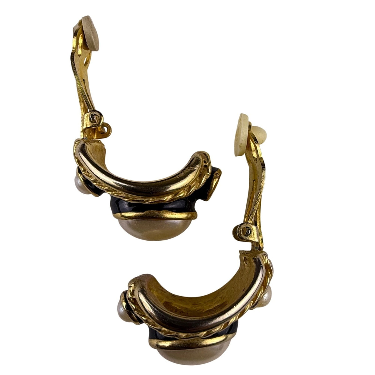 Erwin Pearl Gold Tone Clip-On Earrings Faux Pearl Black Enamel Vintage Design