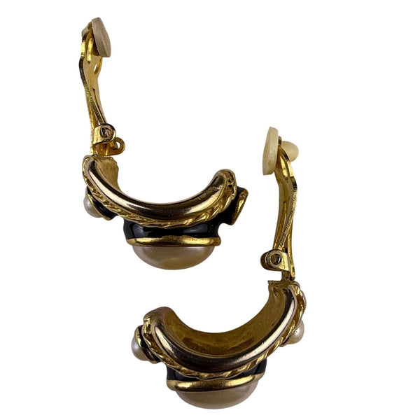 Erwin Pearl Gold Tone Clip-On Earrings Faux Pearl Black Enamel Vintage Design