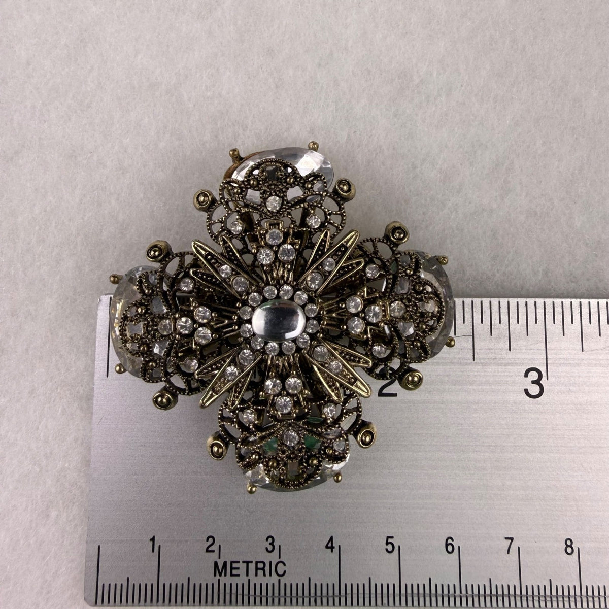 Vintage Gold Tone Rhinestone Filigree Cross Brooch Clear Crystals Ornate Jewelry