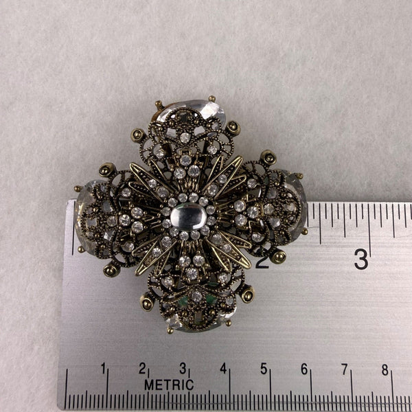 Vintage Gold Tone Rhinestone Filigree Cross Brooch Clear Crystals Ornate Jewelry