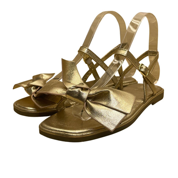 Zara Women’s Gold Metallic Adjustable Strap Bow Flat Sandals Size 6.5US