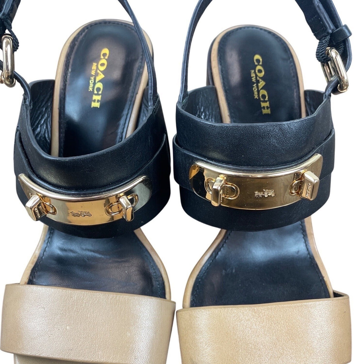 Coach Womens Black & Tan Brown Leather Gold Accents Block Heel Sandals Size 7.5B