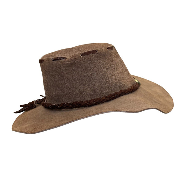 Vintage Western Style Suede Brown Leather Cowboy Hat With Braided Band