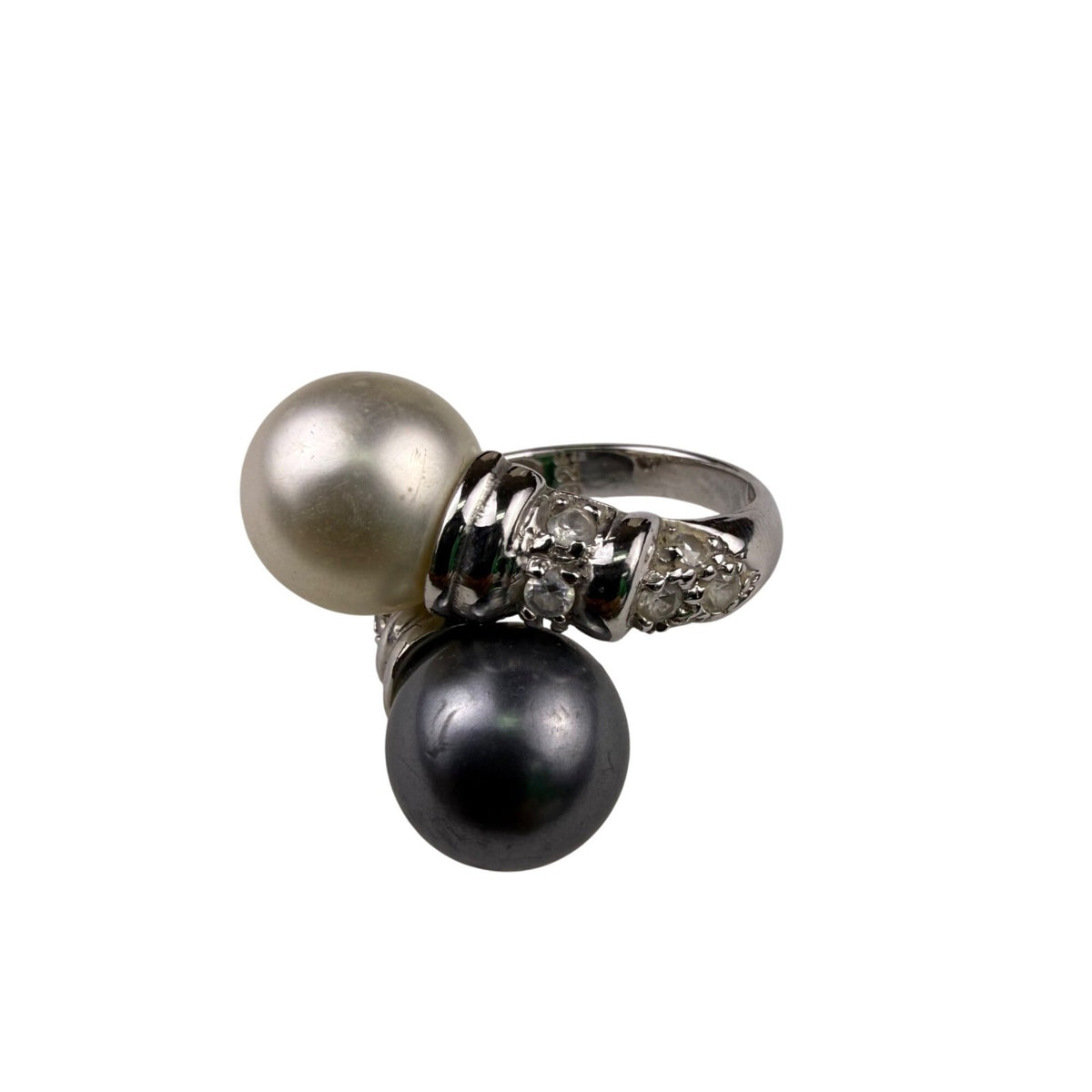 Sterling Silver 925 Two-Tone Freshwater Pearl & Diamond Accented Ring Sz 6