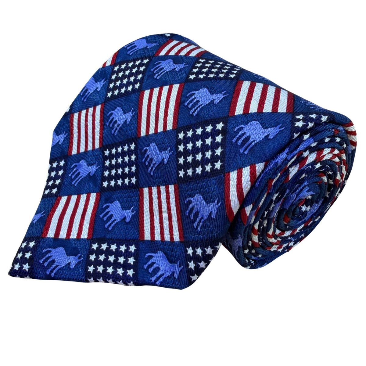 RM Style Mens Blue Silk American Flag Donkey Pattern Necktie Patriotic Design