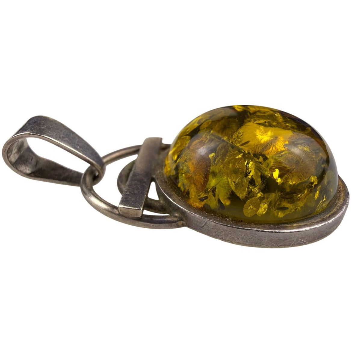 Vintage Sterling Silver & Amber Dome Pendant Unique Round Modernist Design