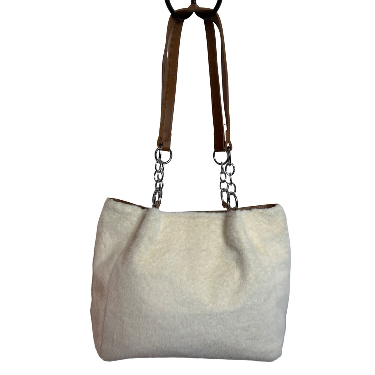 Dieweier Girls Fashion Bag Faux Fur Chain Top Handle White Large Capacity
