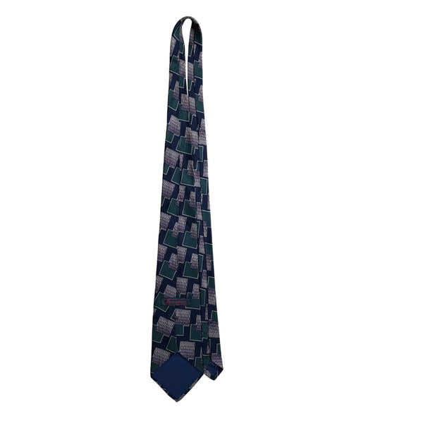 Tiemakers Mens Navy & Green Silk Geometric Pattern Necktie Handcrafted USA