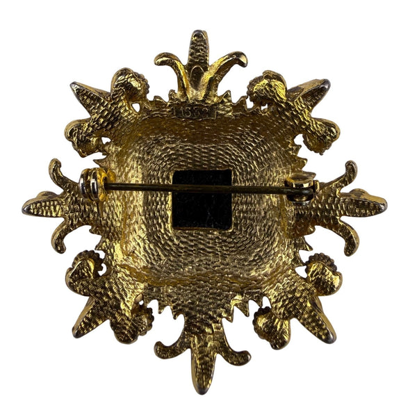 Gold Tone Women’s Vintage Style Brooch With Black Accent Stones Ornate Intricate