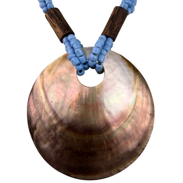 Handmade Womens Blue Beaded Necklace With Wooden Accents & Shell Pendant