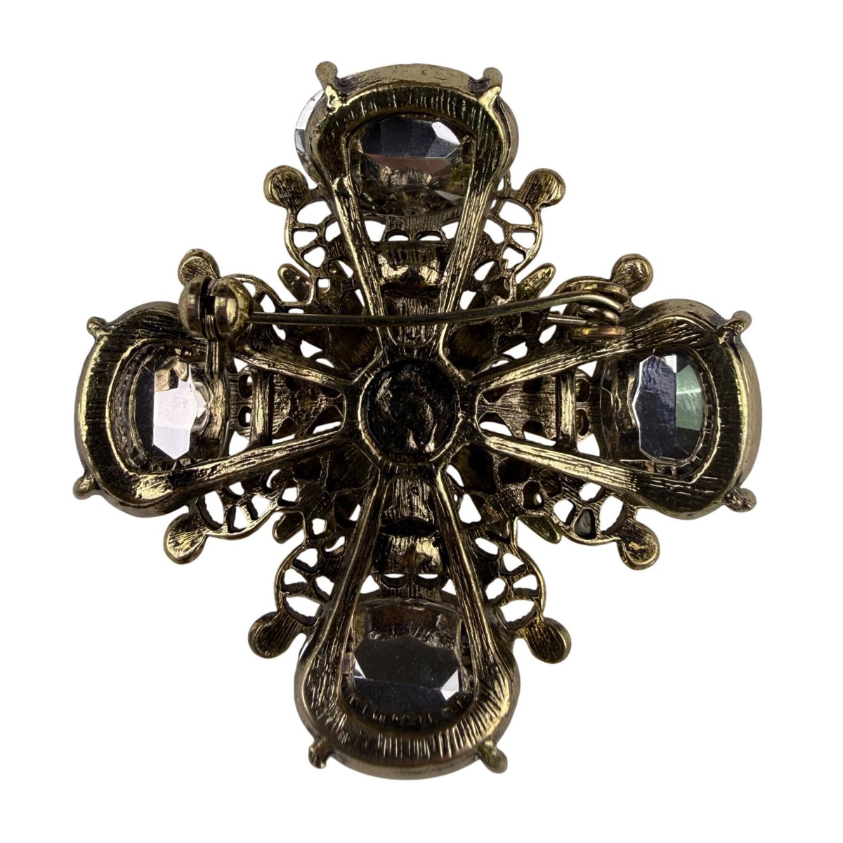 Vintage Gold Tone Rhinestone Filigree Cross Brooch Clear Crystals Ornate Jewelry