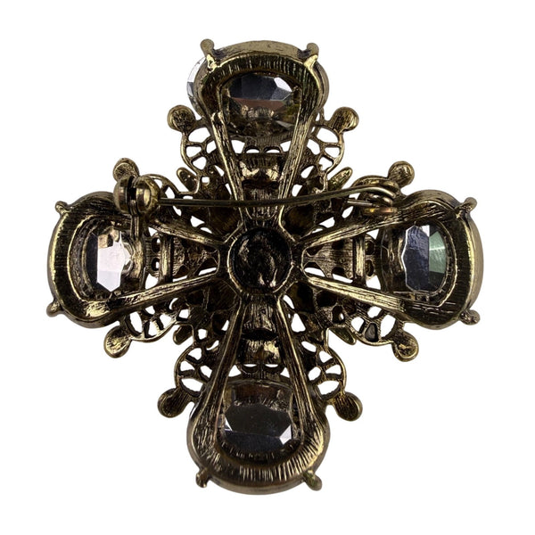 Vintage Gold Tone Rhinestone Filigree Cross Brooch Clear Crystals Ornate Jewelry