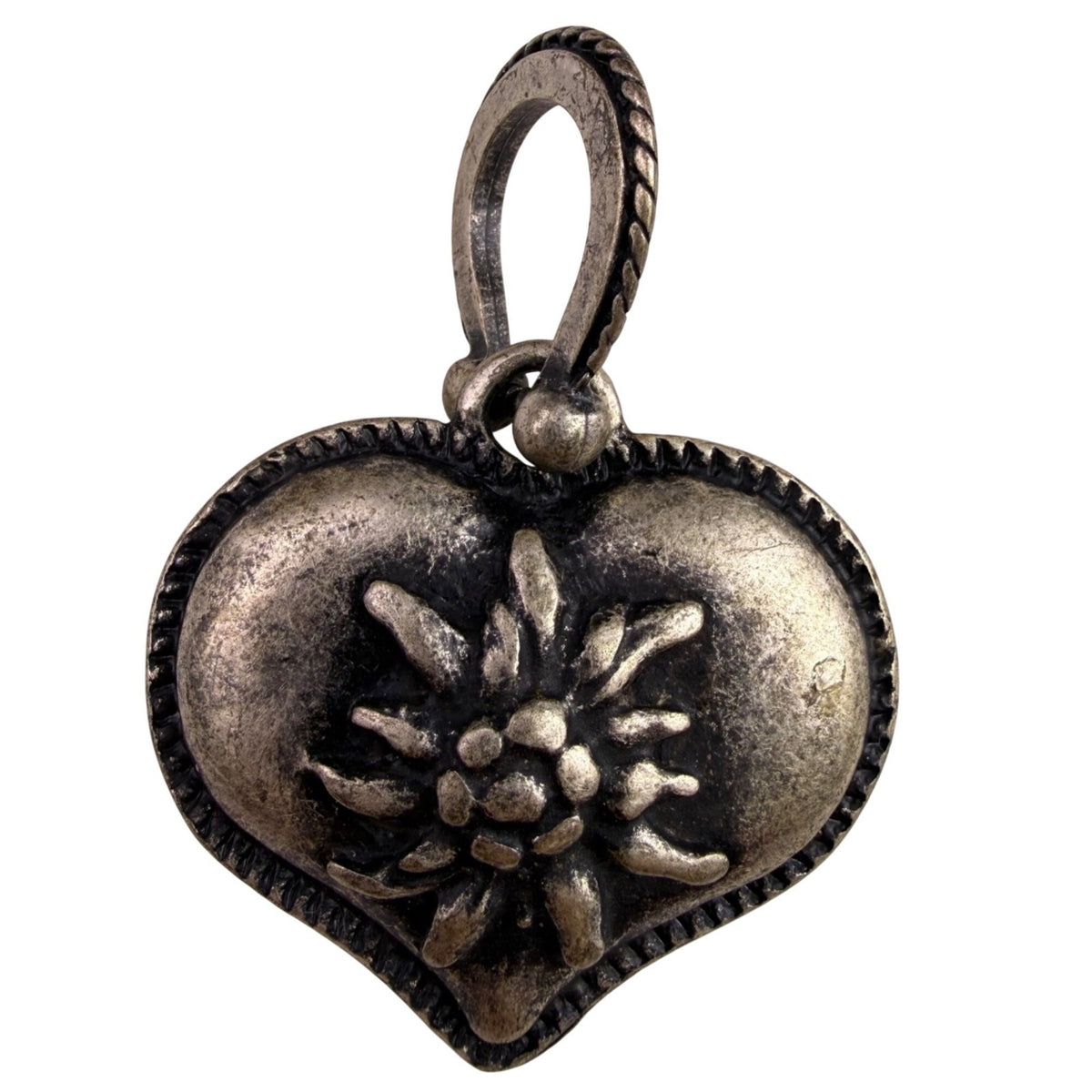 Old-World Silver Tone Flower-Embossed Heart Charm Keychain Pendant Unknown Brand