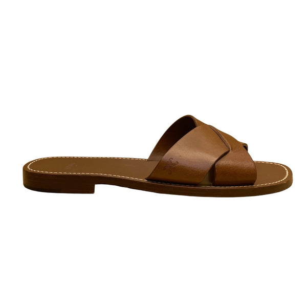 Celine Women’s Brown Leather Open Toe Cross-Strap Flat Slide Sandals Size 38