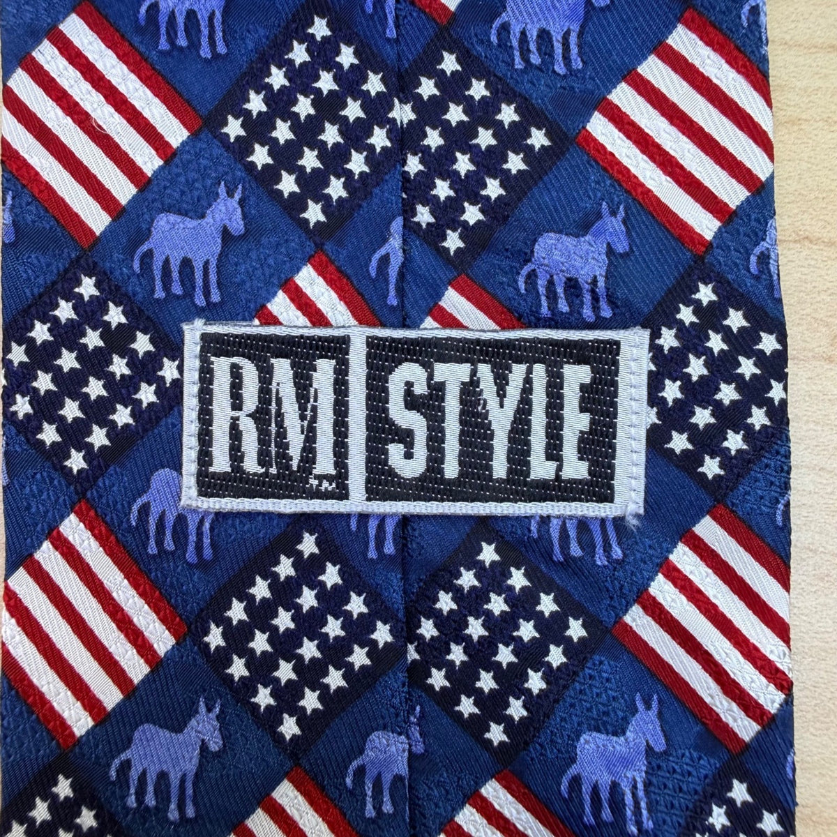 RM Style Mens Blue Silk American Flag Donkey Pattern Necktie Patriotic Design