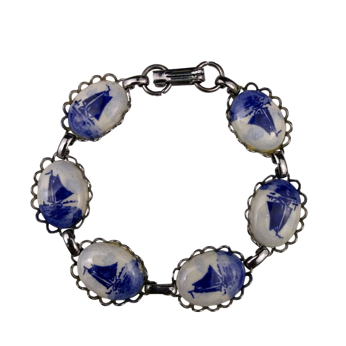 Delft Blue Womens Silver Tone Ceramic Bracelet Hand-Painted Oval Design