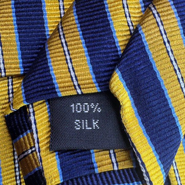 Beau Ties Ltd. Mens Navy & Yellow Striped 100% Silk Necktie Custom Made Elegant