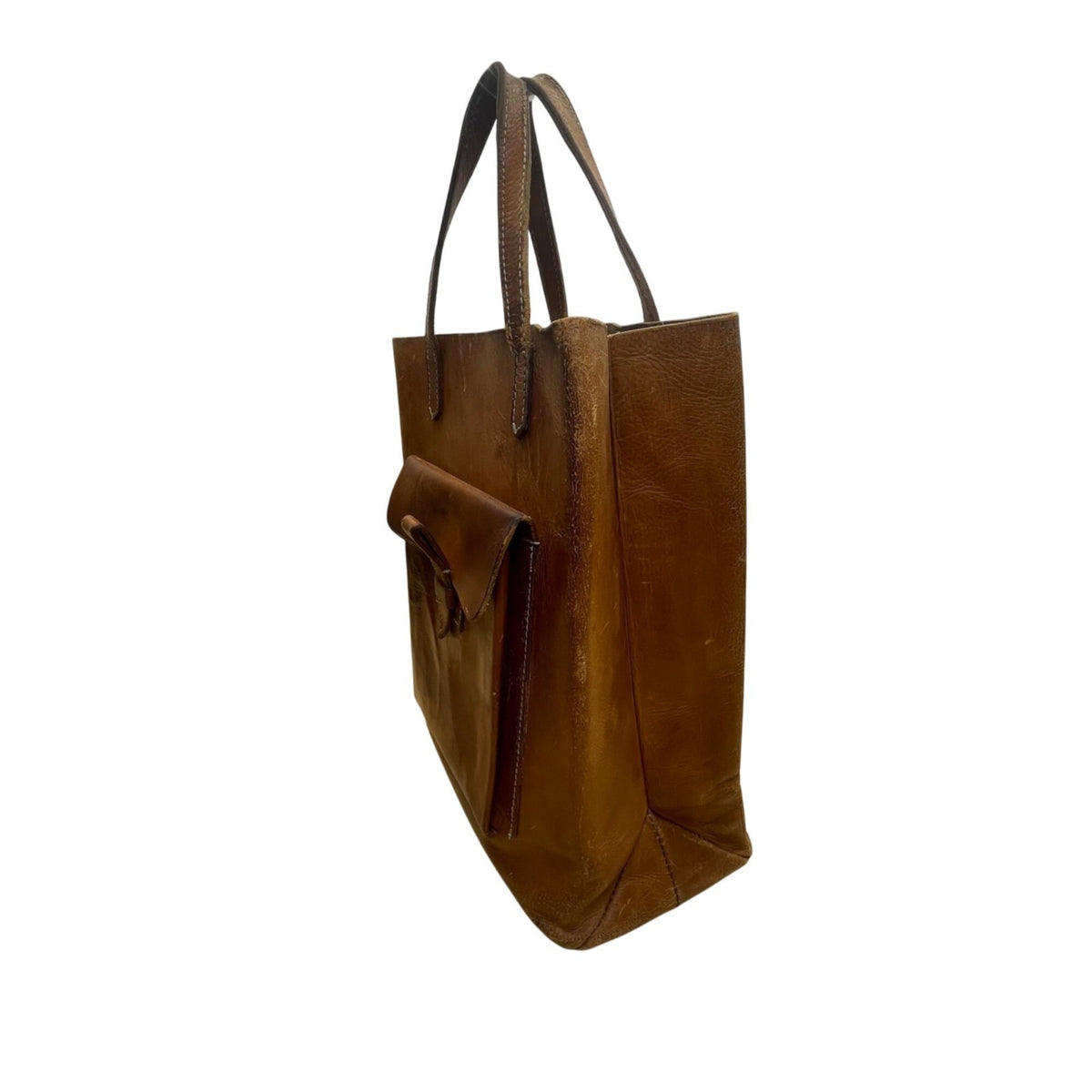 Vintage Handmade Brown Leather With Front Buckle Pocket Double Handle Tote Bag