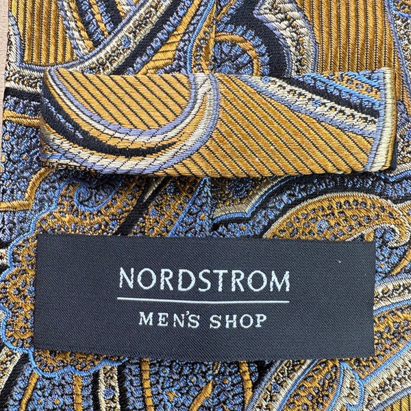 Nordstrom Mens Gold & Blue Paisley Silk Neck Tie Elegant Pattern Classic Design