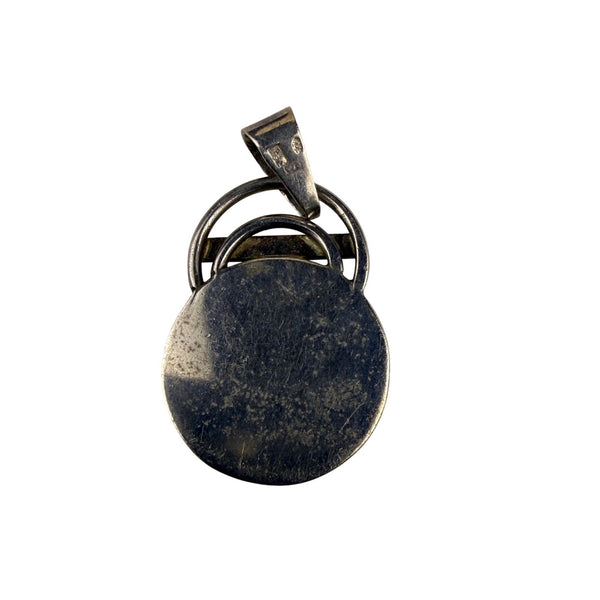 Vintage Sterling Silver & Amber Dome Pendant Unique Round Modernist Design