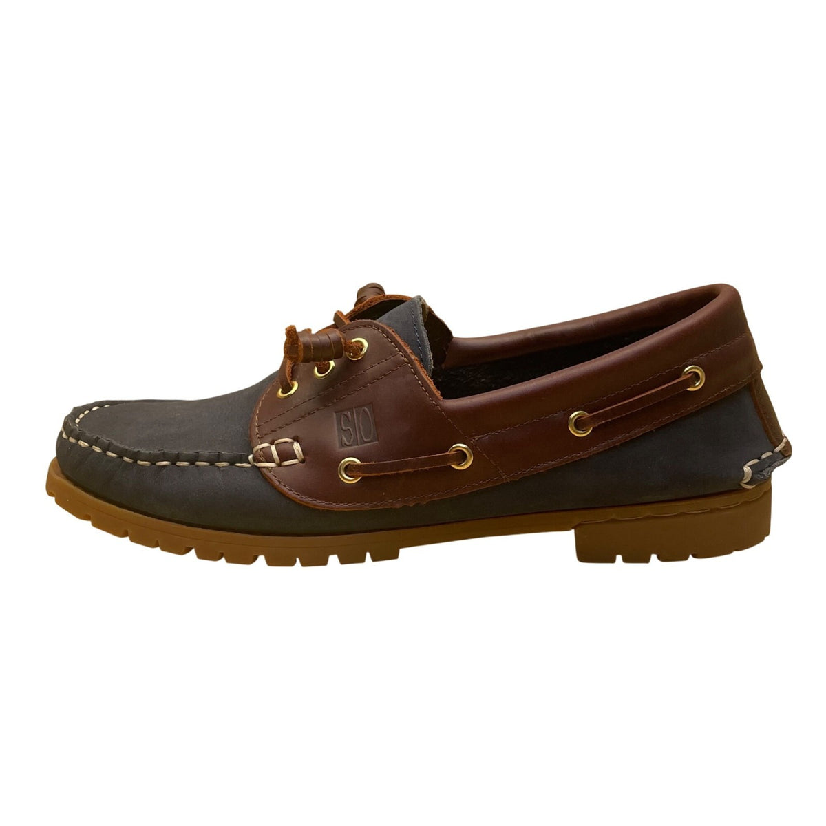 San Ou Women’s WBlue & Brown Leather Casual Slip-Resistant Boat Shoes Size 37