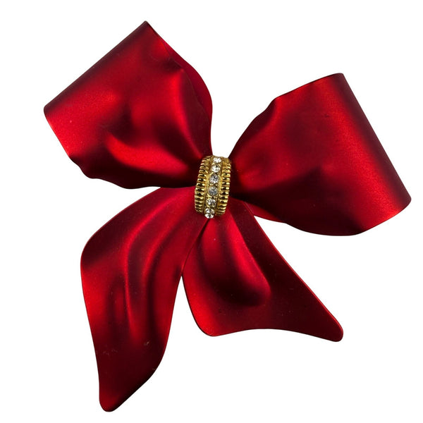 Womens Red Metal Rhinestone Bow Brooch Pin Jewelry