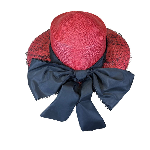 Geo. Innes Co. Womens Red Straw Hat With Black Veil Bow Detail Wichita Vintage